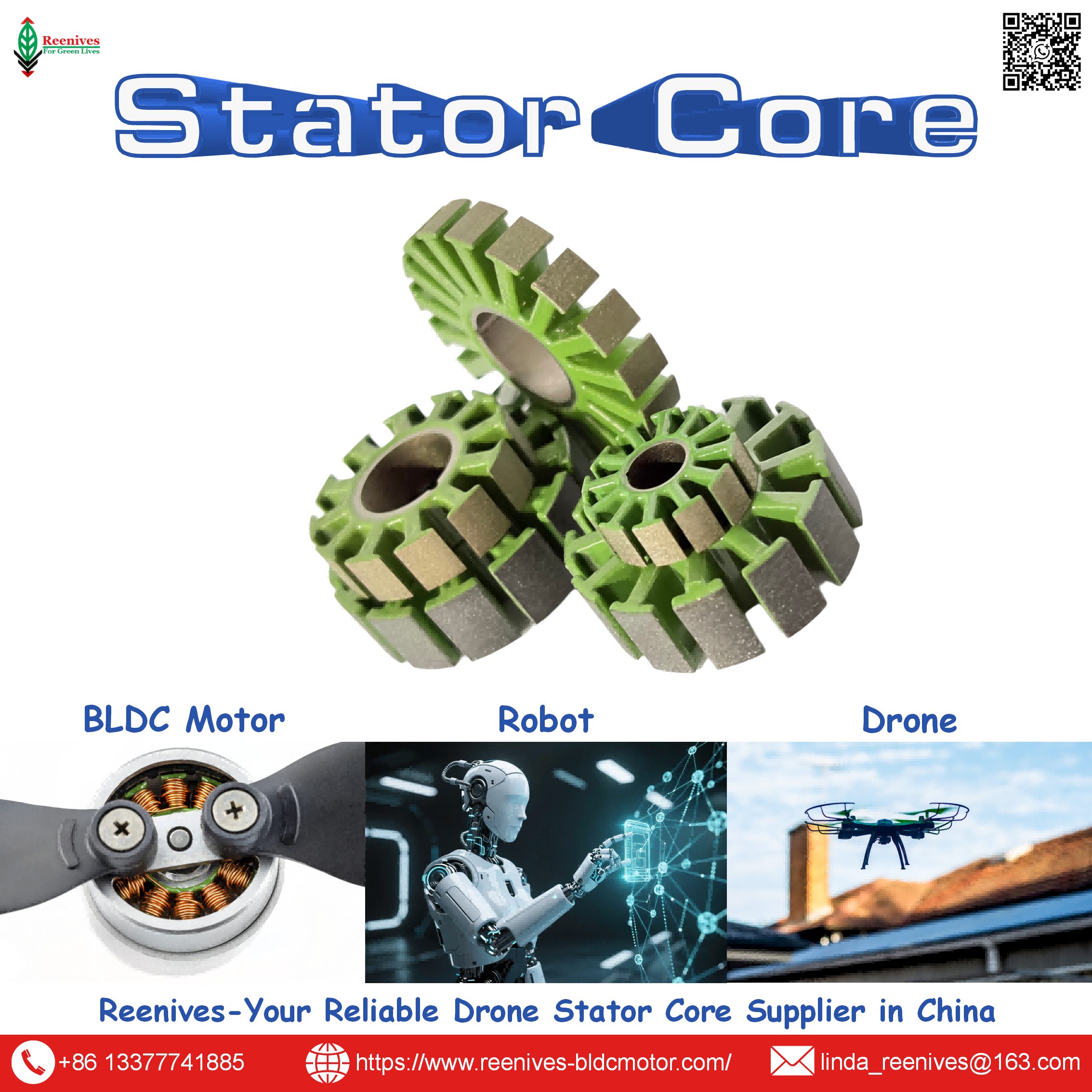 Laminated stator by Reenives — low core loss, epoxy coated, custom moulds. Free samples for UAV motors.